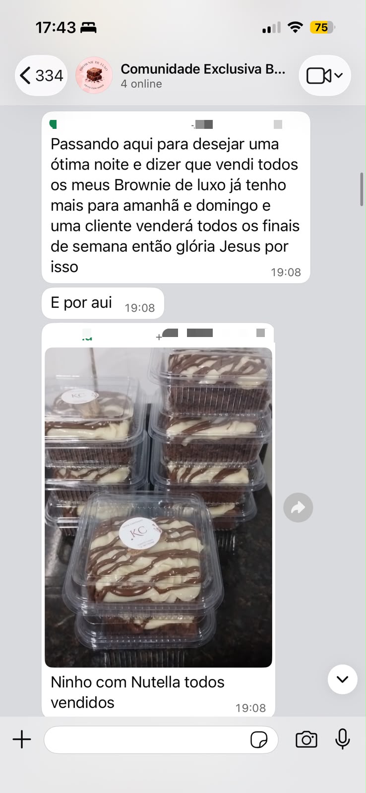 Print de conversa de aluna do Brownies de Luxo comemorando vendas 1