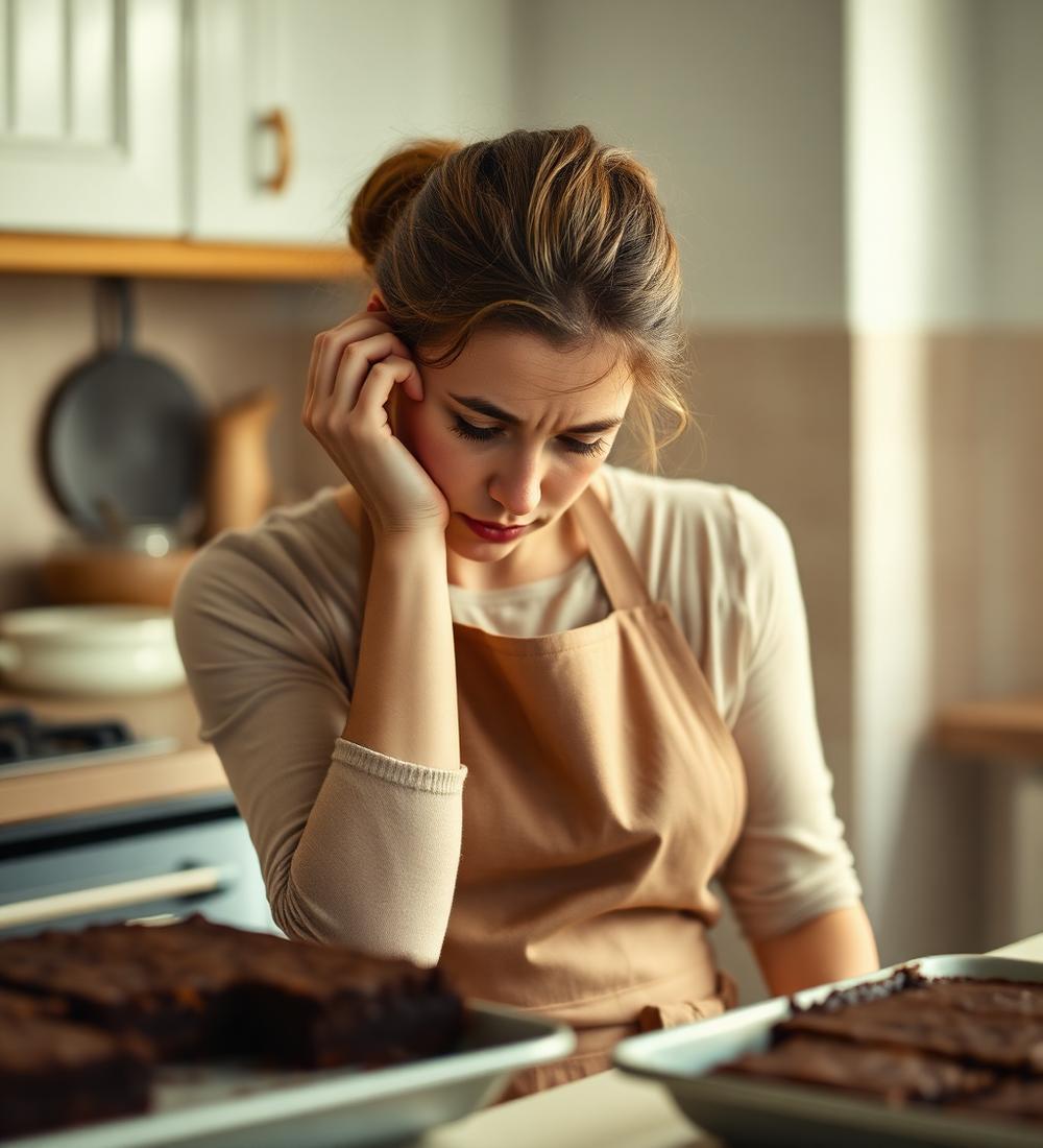 Confeiteira preocupada na cozinha ao lado de tabuleiros de brownie