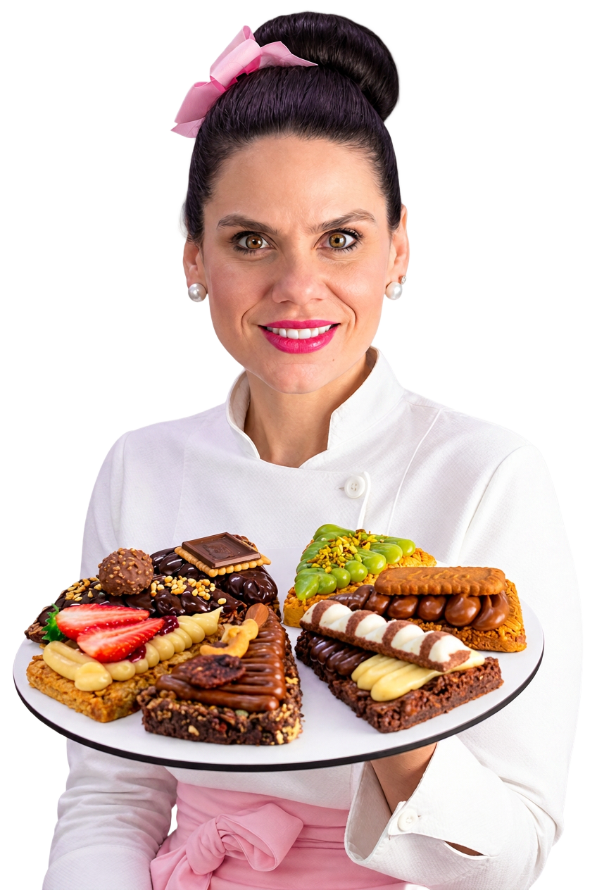 Marina Távora segurando uma bandeja com Brownies de Luxo variados